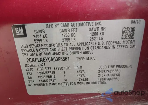 2010 Chevrolet Equinox Lt z USA, uszkodzony, nr VIN 2CNFLNEY9A6396561